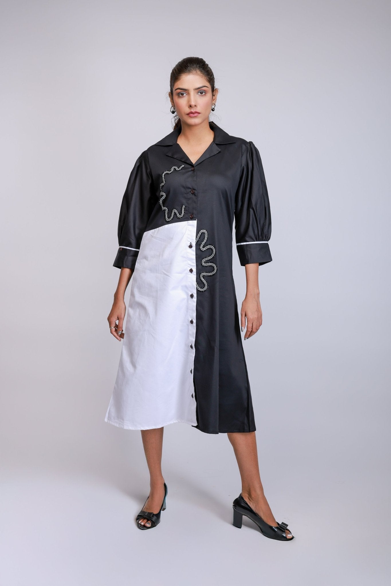Black & White Panel Embroidered Shirt Dress - aVynā