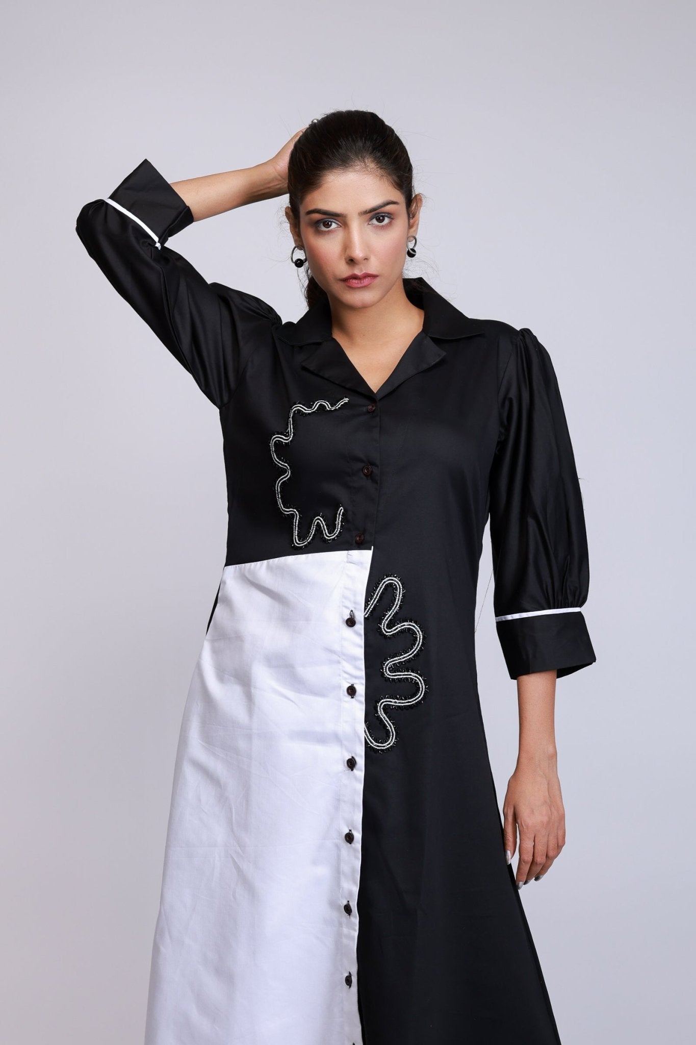 Black & White Panel Embroidered Shirt Dress - aVynā