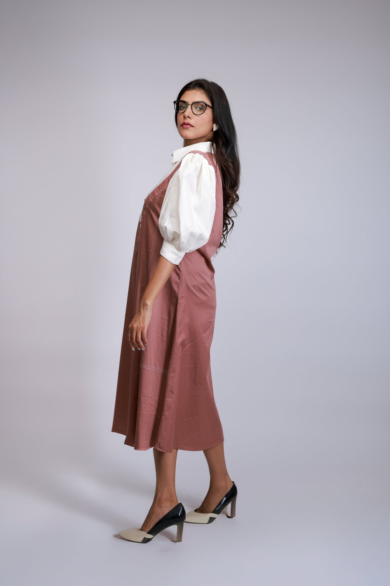Blush Pink Pinafore Overlap Dress with White Shirt Layer - aVynā