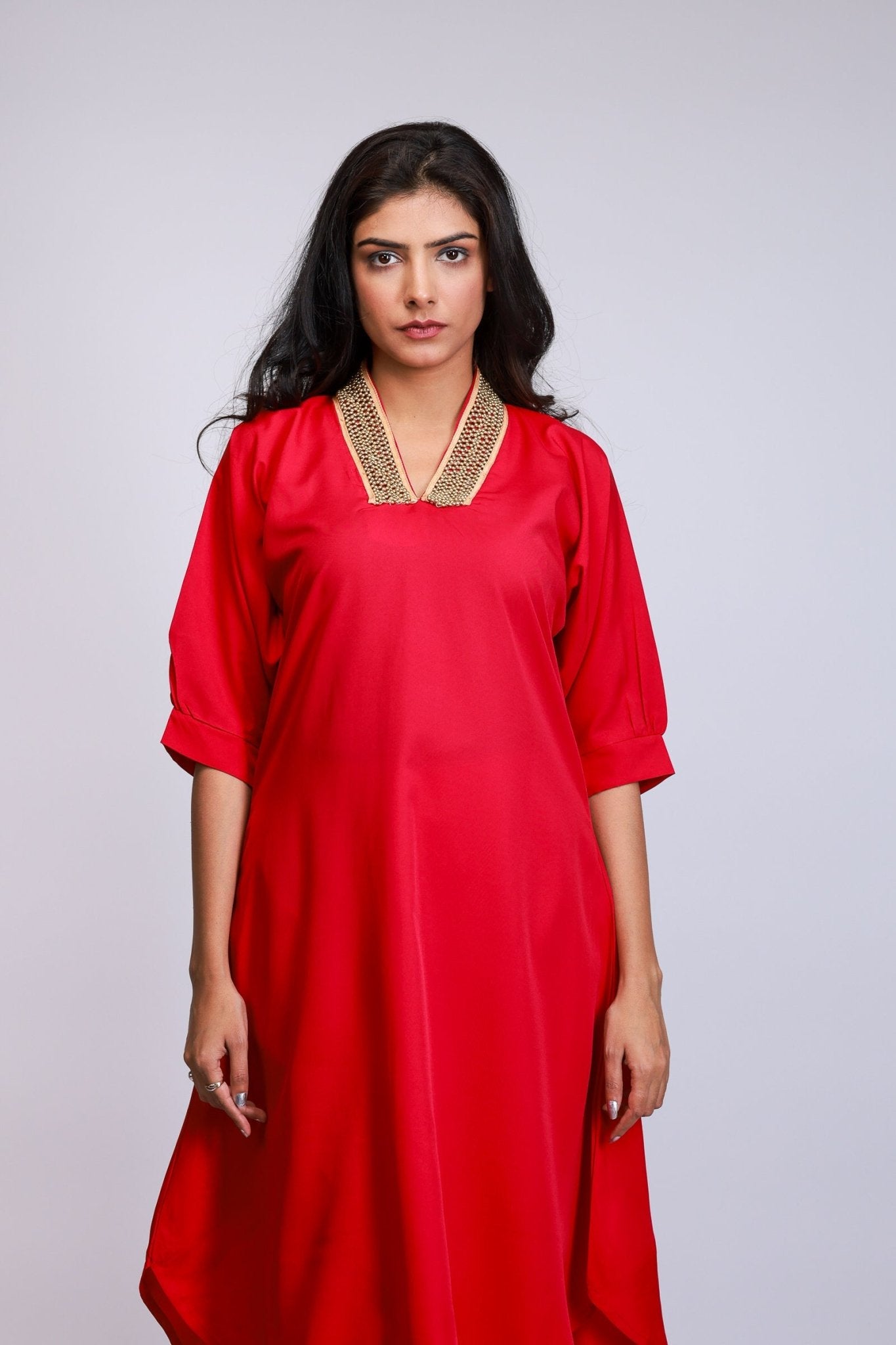 Crimson Flow Embroidered Neck Co - ord Set - aVynā