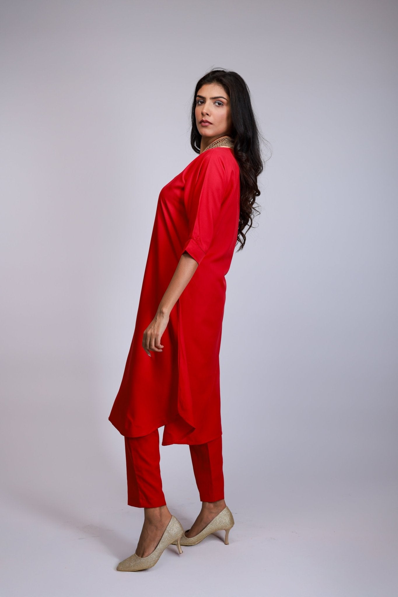 Crimson Flow Embroidered Neck Co - ord Set - aVynā