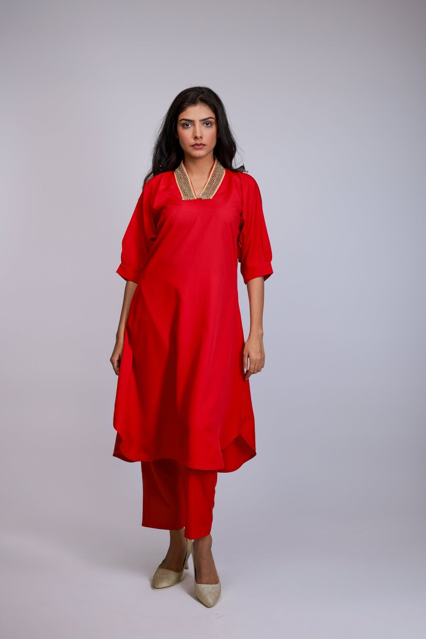 Crimson Flow Embroidered Neck Co - ord Set - aVynā