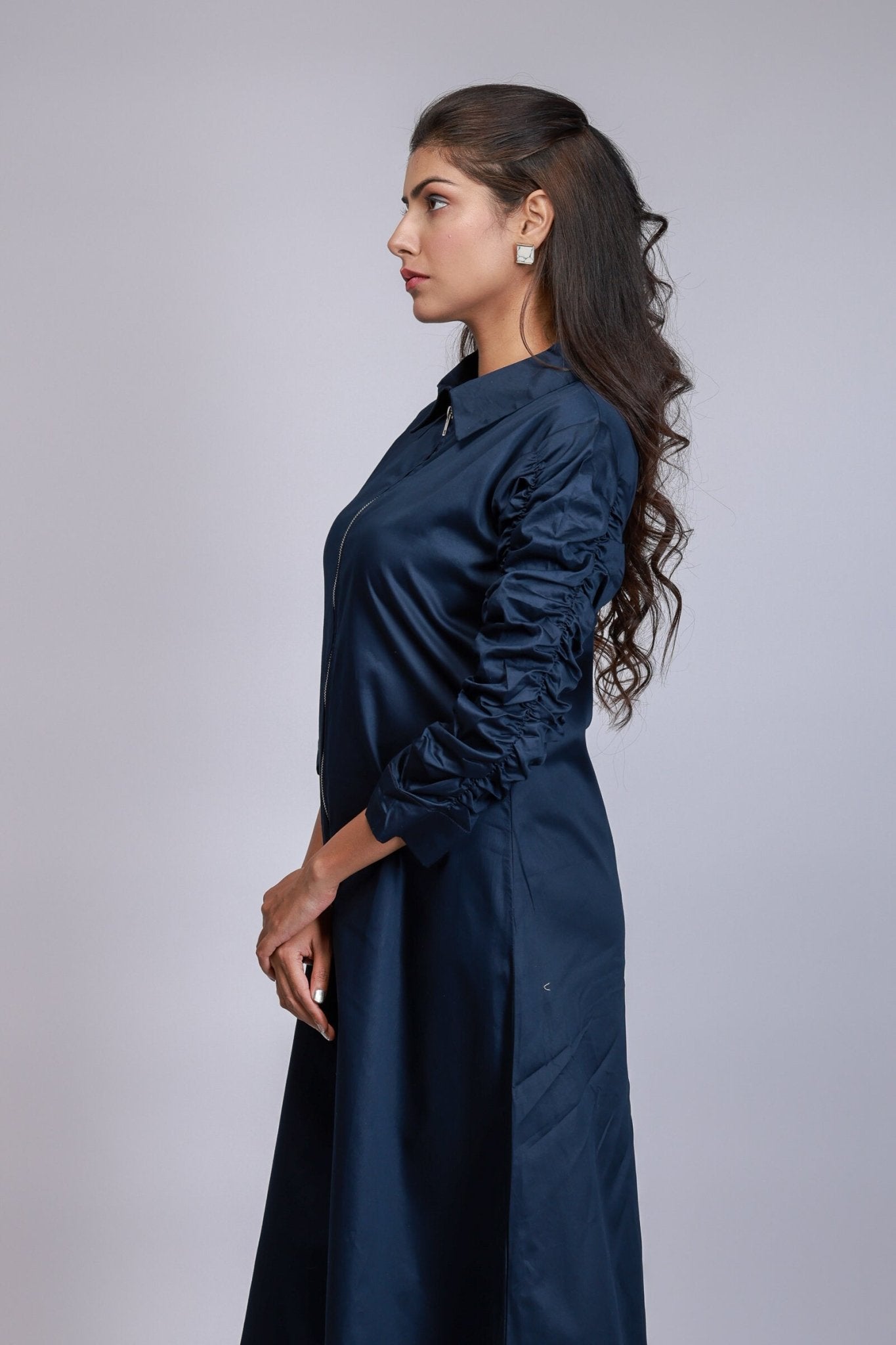 Ruched Zip - Up Shirt Dress (Navy) - aVynā