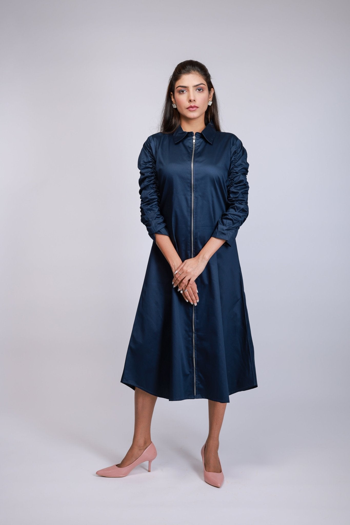 Ruched Zip - Up Shirt Dress (Navy) - aVynā