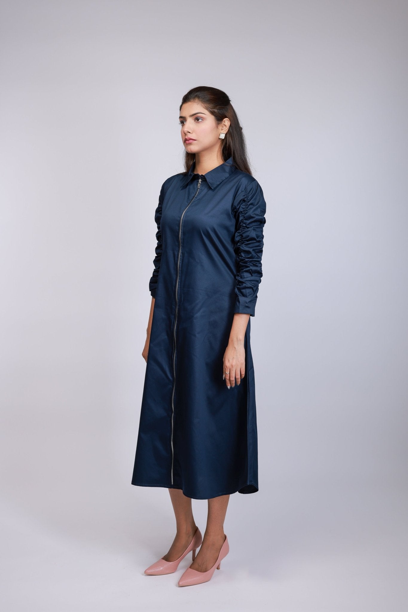 Ruched Zip - Up Shirt Dress (Navy) - aVynā