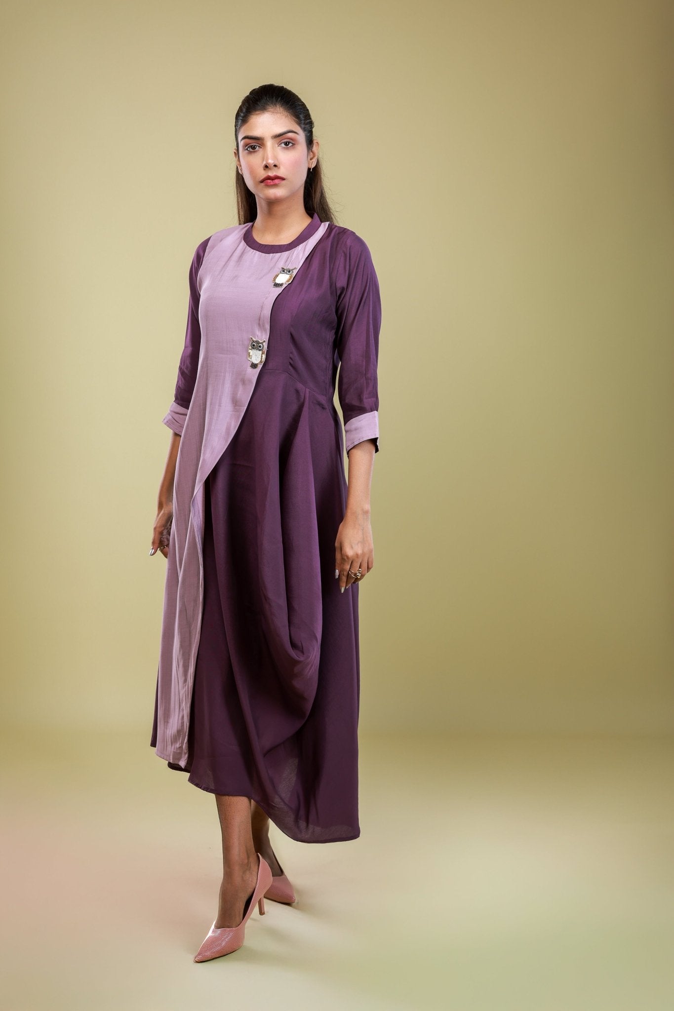 Violet Owl Embellished Draped Dress - aVynā