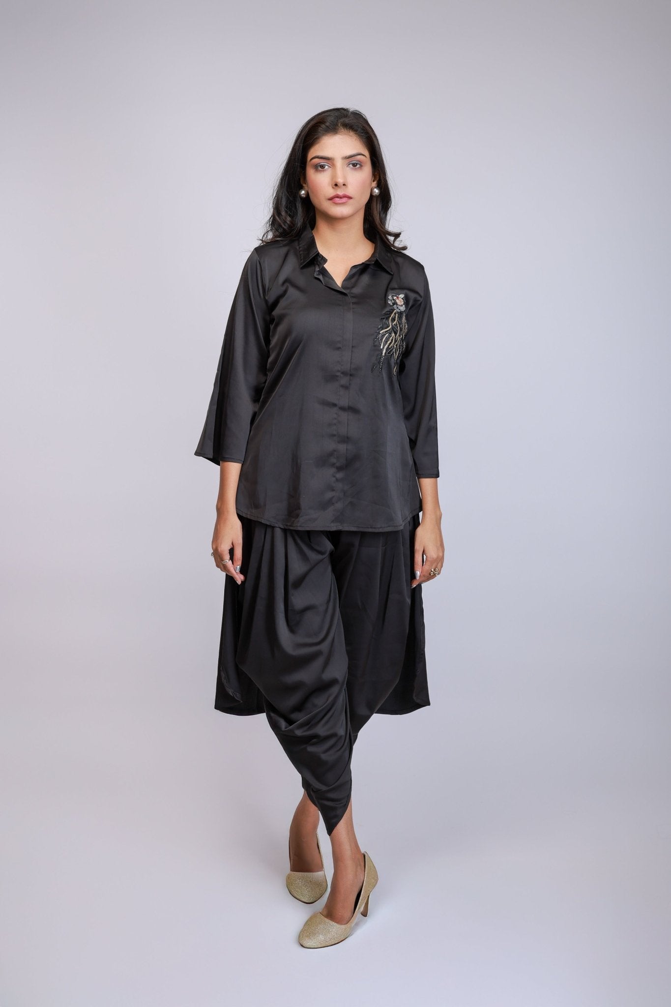 Black Embroidered Shirt & Draped Pant Co - ord Set - aVynā