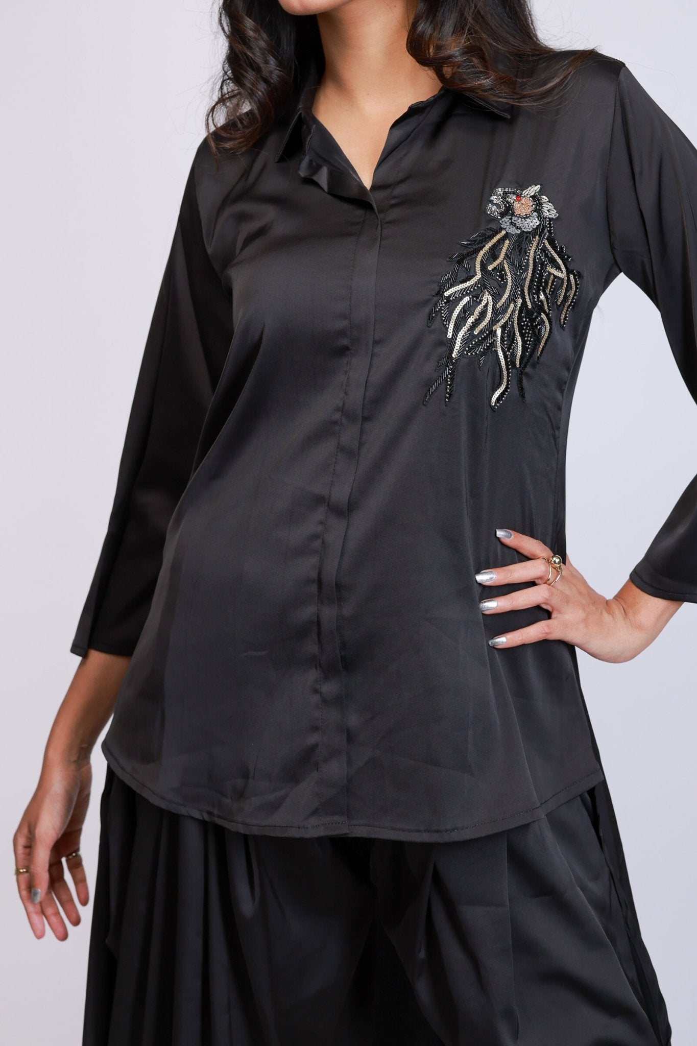 Black Embroidered Shirt & Draped Pant Co - ord Set - aVynā