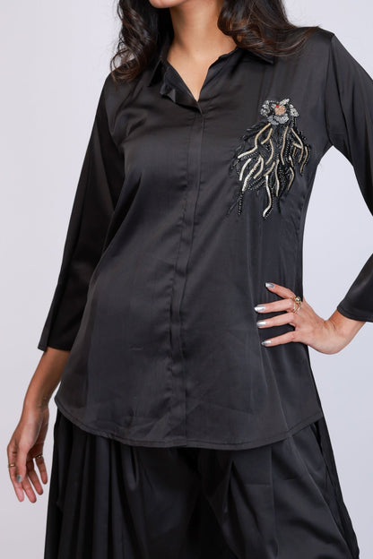 Black Embroidered Shirt & Draped Pant Co - ord Set - aVynā