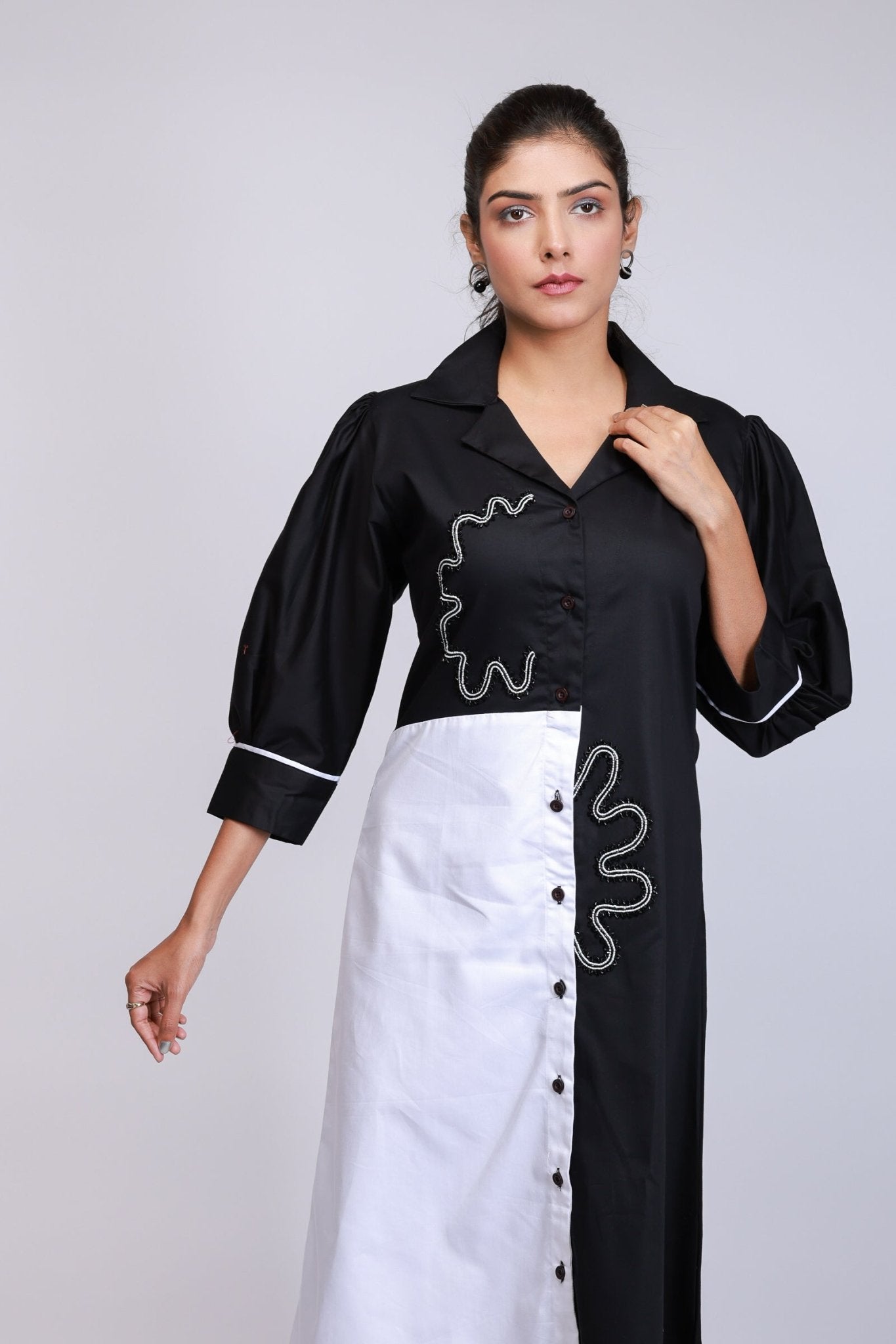 Black & White Panel Embroidered Shirt Dress - aVynā