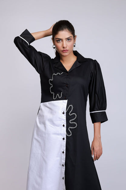 Black & White Panel Embroidered Shirt Dress - aVynā