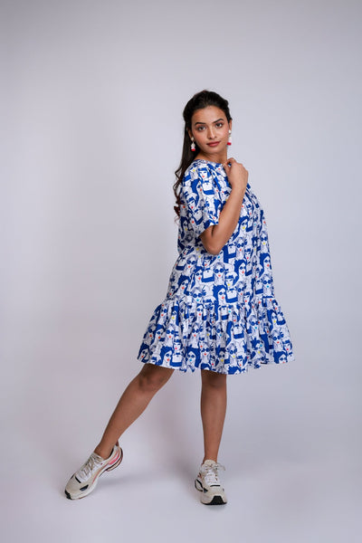Blue Graphic Print Flounce Hem Dress - aVynā