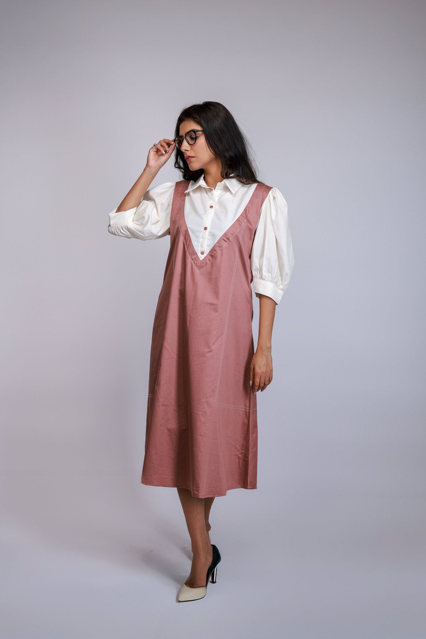 Blush Pink Pinafore Overlap Dress with White Shirt Layer - aVynā