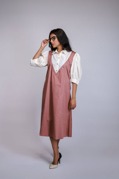 Blush Pink Pinafore Overlap Dress with White Shirt Layer - aVynā