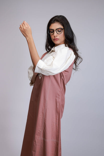 Blush Pink Pinafore Overlap Dress with White Shirt Layer - aVynā