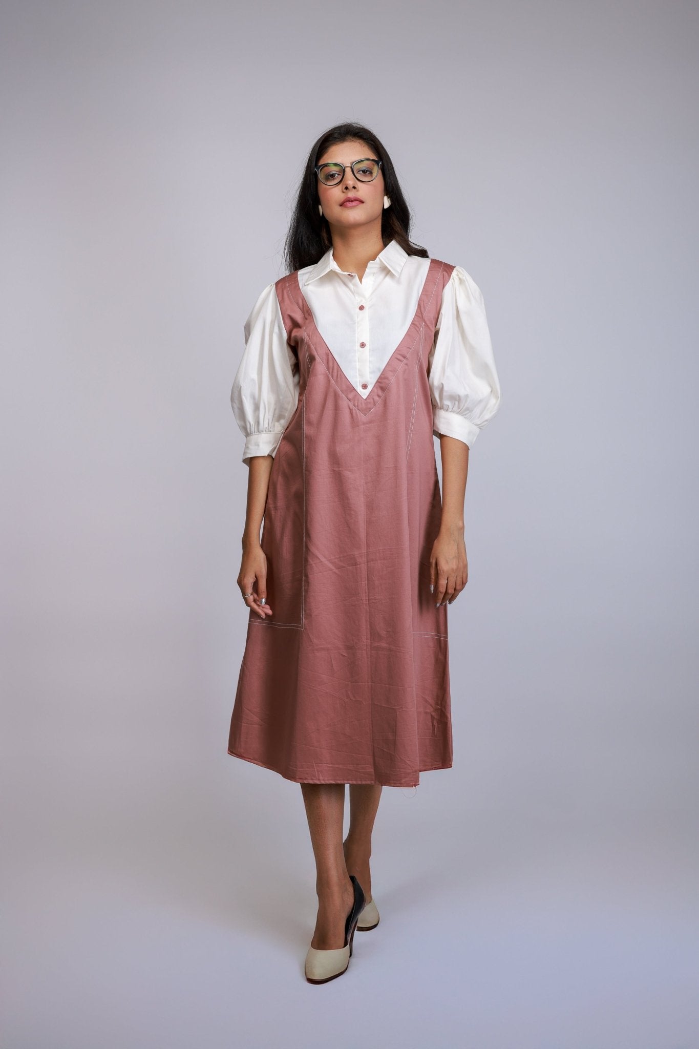 Blush Pink Pinafore Overlap Dress with White Shirt Layer - aVynā