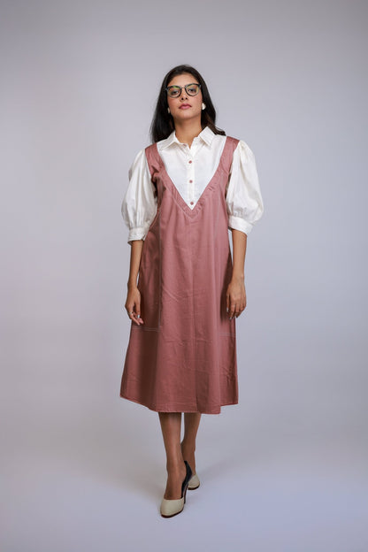 Blush Pink Pinafore Overlap Dress with White Shirt Layer - aVynā
