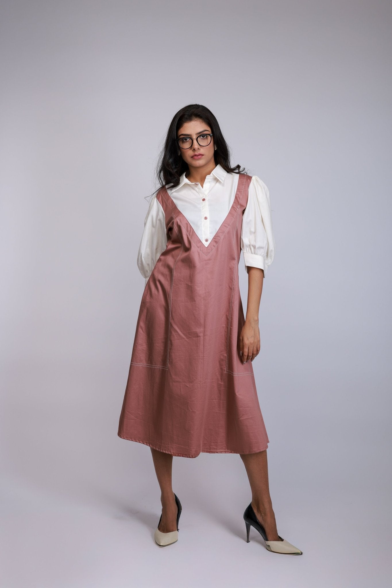 Blush Pink Pinafore Overlap Dress with White Shirt Layer - aVynā