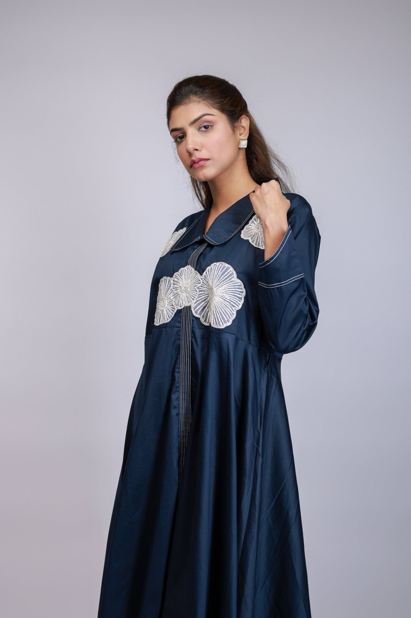 Navy Blue Floral Embroidered Handkerchief Hem Dress - aVynā