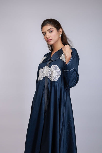 Navy Blue Floral Embroidered Handkerchief Hem Dress - aVynā