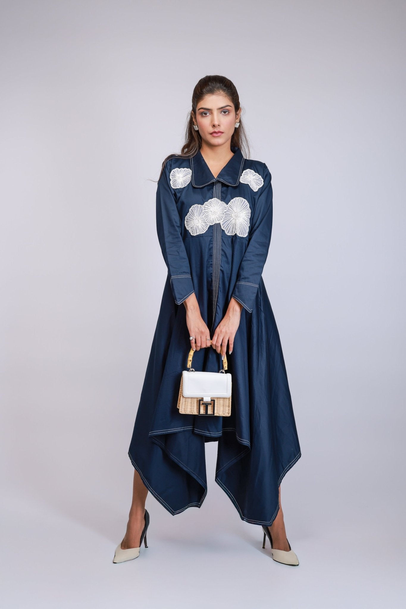 Navy Blue Floral Embroidered Handkerchief Hem Dress - aVynā