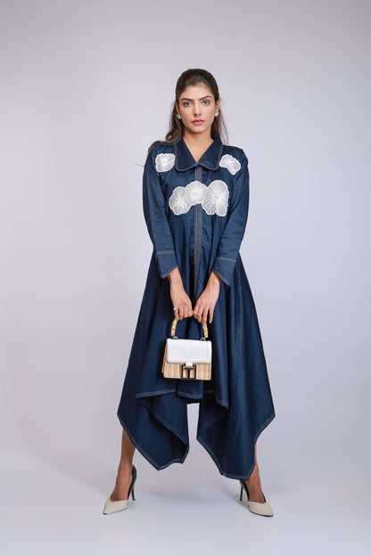 Navy Blue Floral Embroidered Handkerchief Hem Dress - aVynā