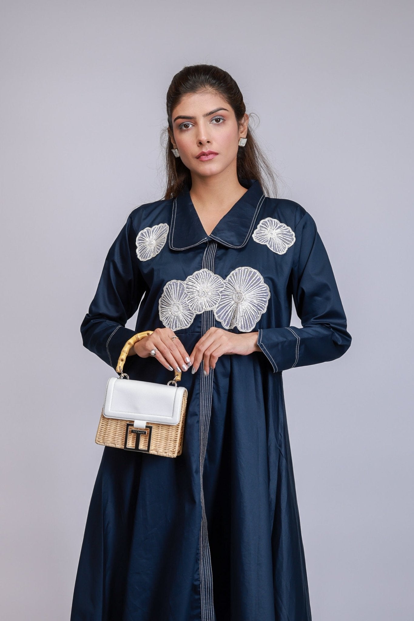 Navy Blue Floral Embroidered Handkerchief Hem Dress - aVynā