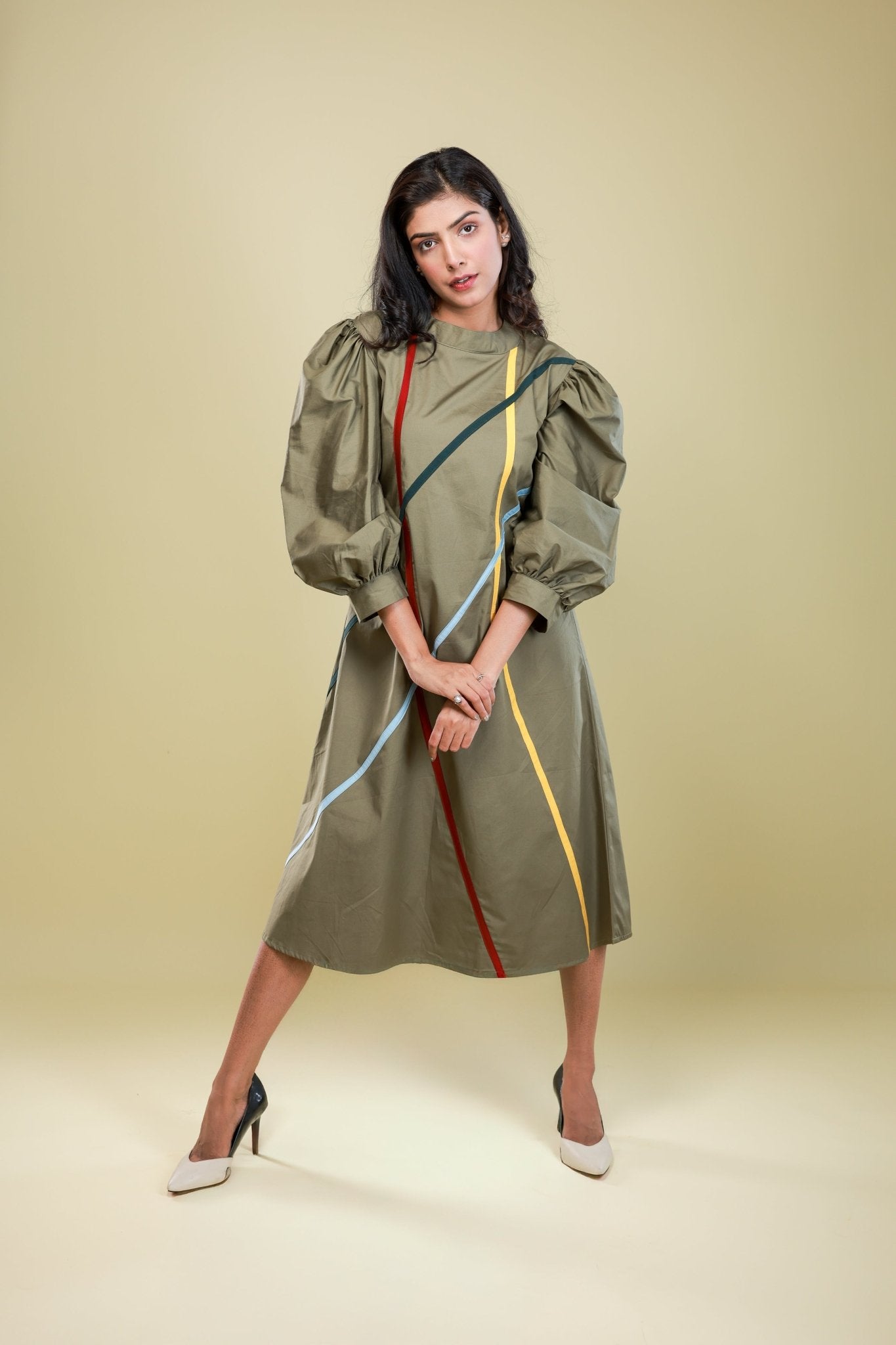 Olive Linear Symphony Dress - aVynā