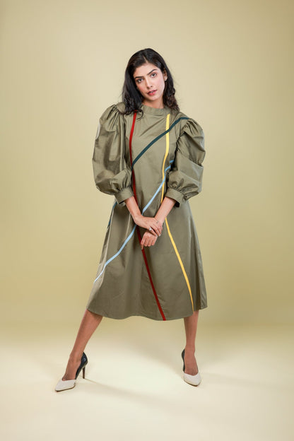 Olive Linear Symphony Dress - aVynā