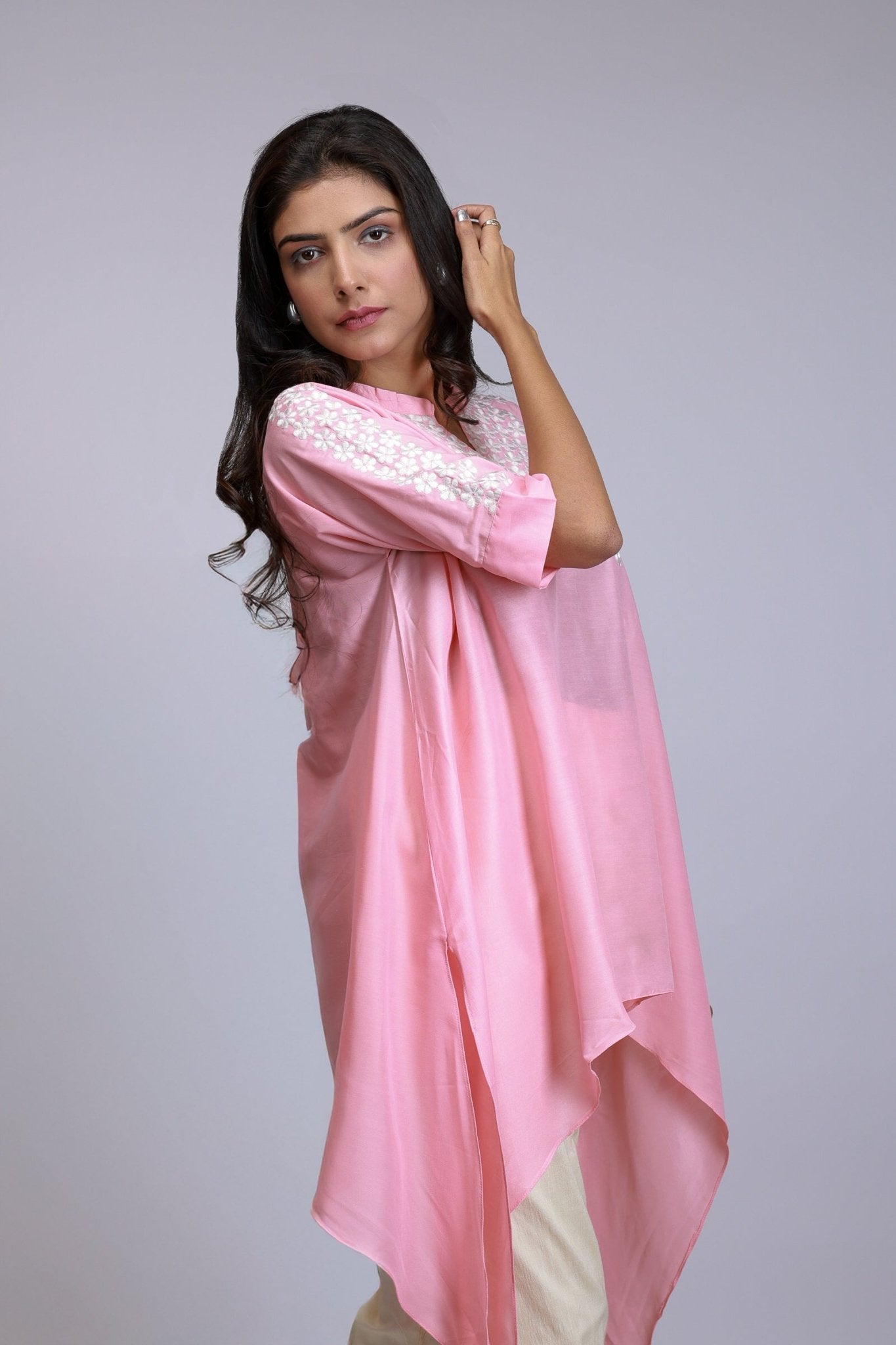 Pink Embroidered Asymmetrical Tunic Set - aVynā