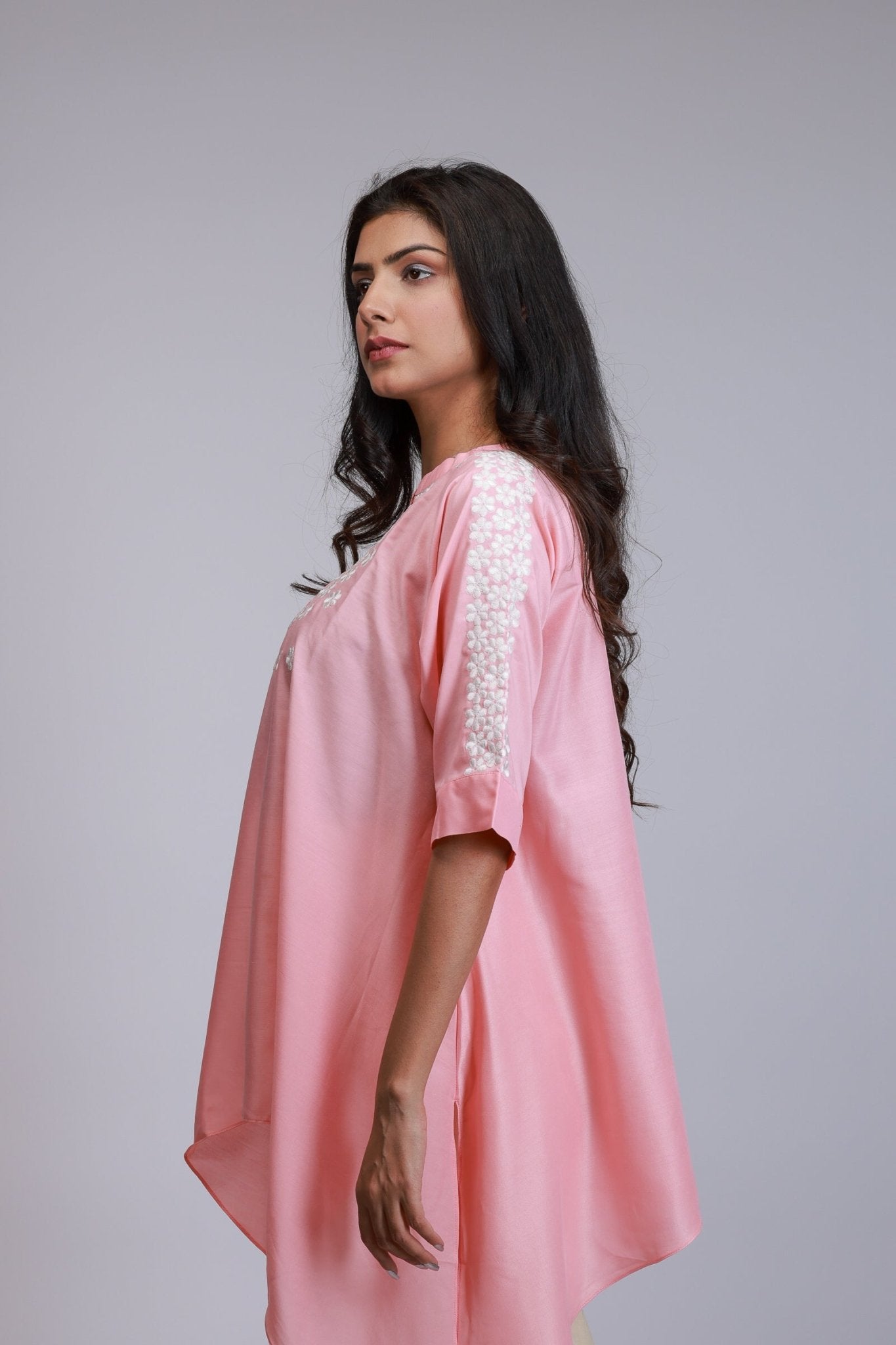 Pink Embroidered Asymmetrical Tunic Set - aVynā