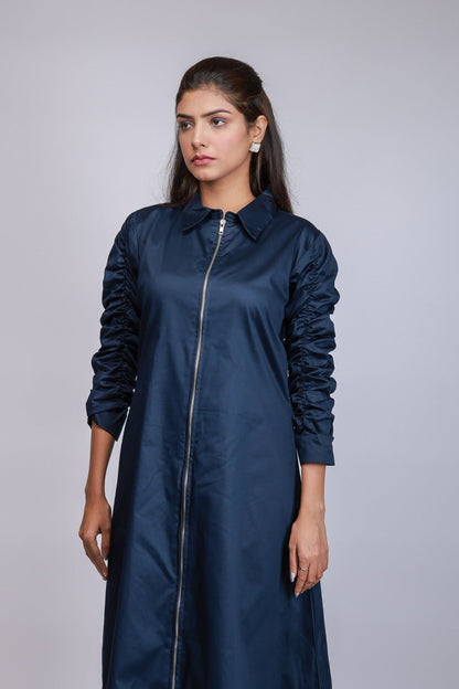 Ruched Zip - Up Shirt Dress (Navy) - aVynā